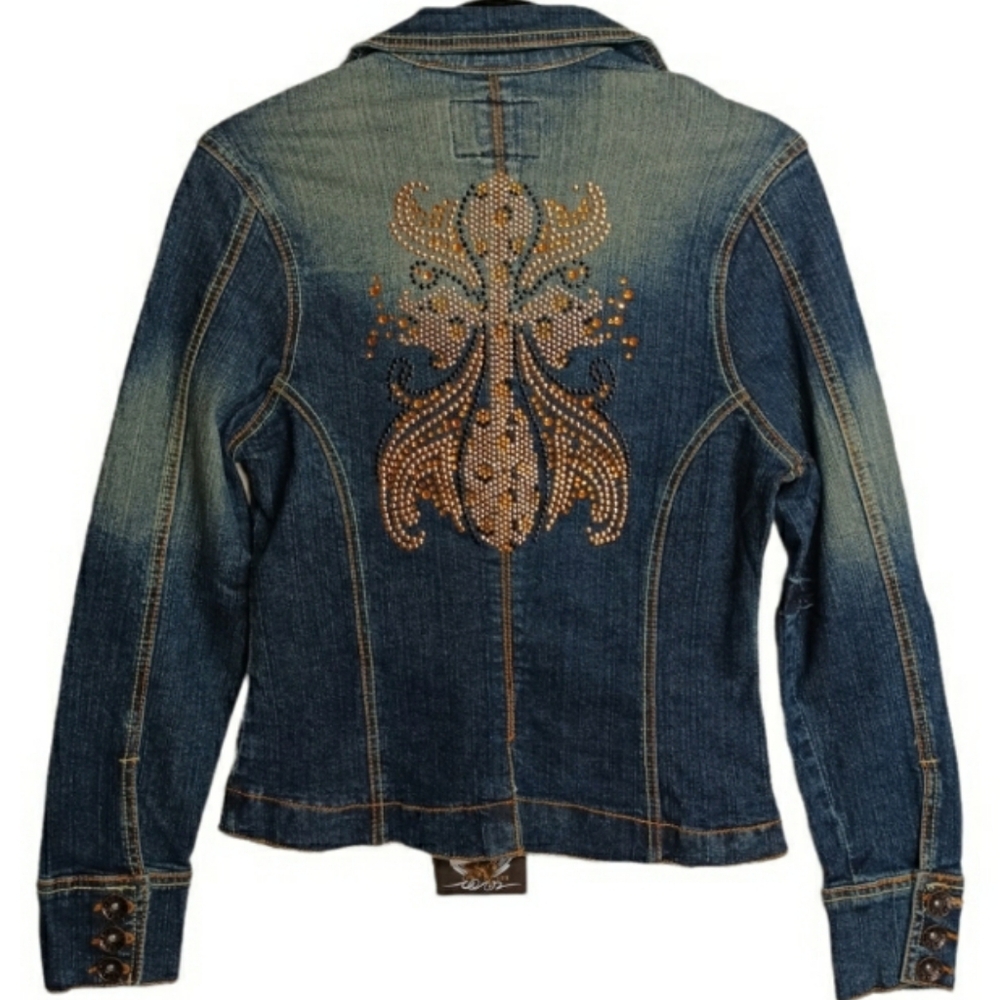 SWEET VIBES Rhinestone Cross Back Button Front Denim Jean Jacket Medium NWT